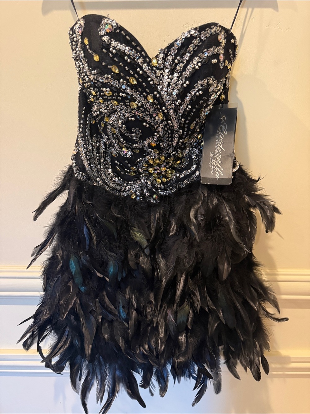 Gorgeous Cinderella Black Sequin Boa/Feather Strapless Dress 6  Gala Black Swan